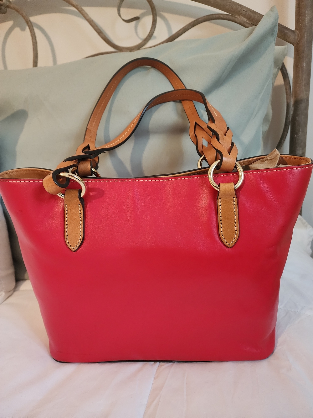 Dooney & Bourke Red Leather Tote with Tan Handles - Picture 5 of 14